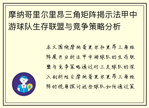 摩纳哥里尔里昂三角矩阵揭示法甲中游球队生存联盟与竞争策略分析