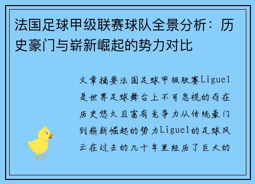 法国足球甲级联赛球队全景分析：历史豪门与崭新崛起的势力对比