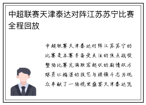 中超联赛天津泰达对阵江苏苏宁比赛全程回放